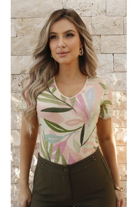 034438 Blusa manga curta Ramany Estampada Folhagem 